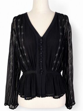 Free People XS Black Embroidered Sheer Boho Peplum Blouse Button Front Top